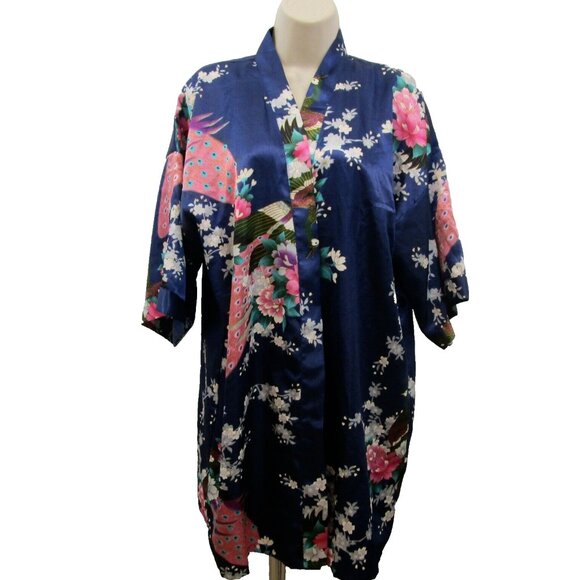 Oriental Peacock Kimono Robe Navy Blue Pink Satin One Size Short Tie Waist - Picture 1 of 4